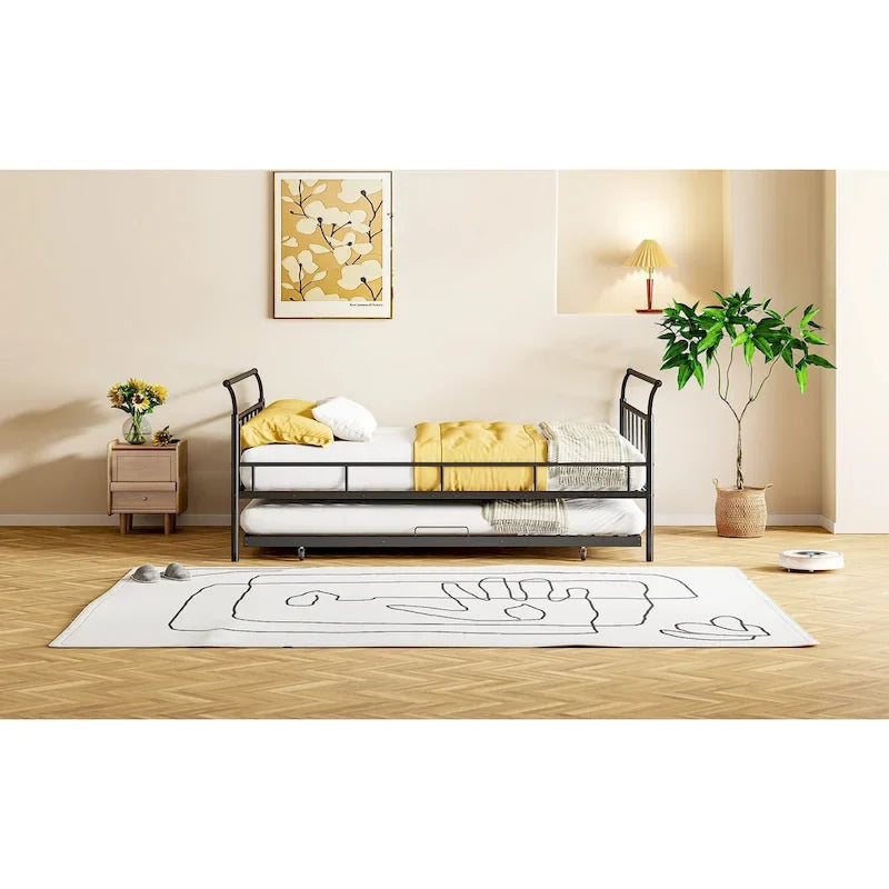 Lit de repos en métal avec tête de lit en forme de maison et lit gigogne coulissant