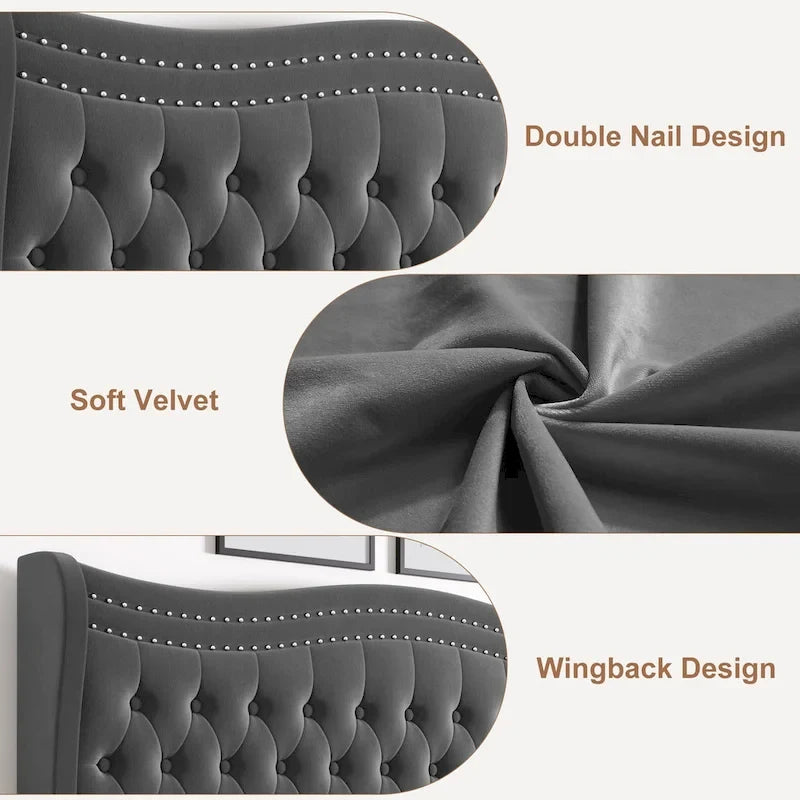 Lit plateforme en velours avec tête de lit sculptée et clous décoratifs en cuivre