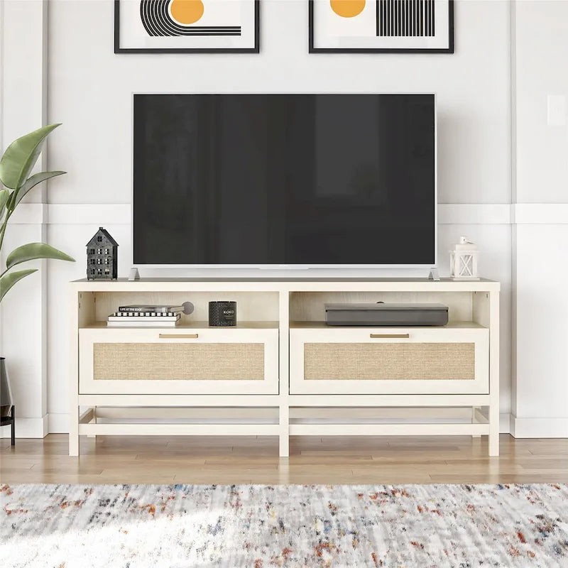 Meuble TV style bohème côtier avec tiroirs en rotin synthétique, pour téléviseurs jusqu'à 60 pouces
