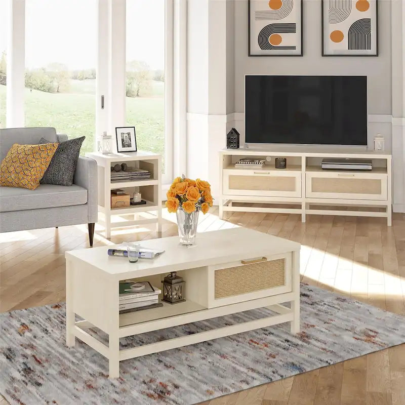 Meuble TV style bohème côtier avec tiroirs en rotin synthétique, pour téléviseurs jusqu'à 60 pouces