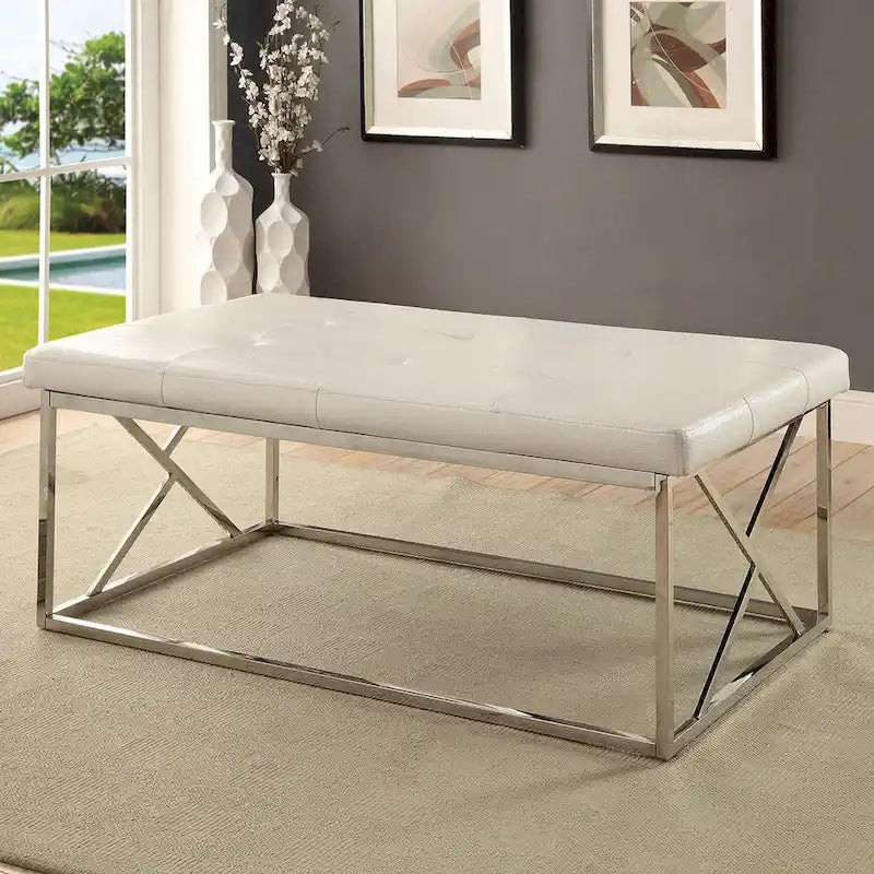 Banc d'appoint moderne en similicuir capitonné avec pieds géométriques chromés