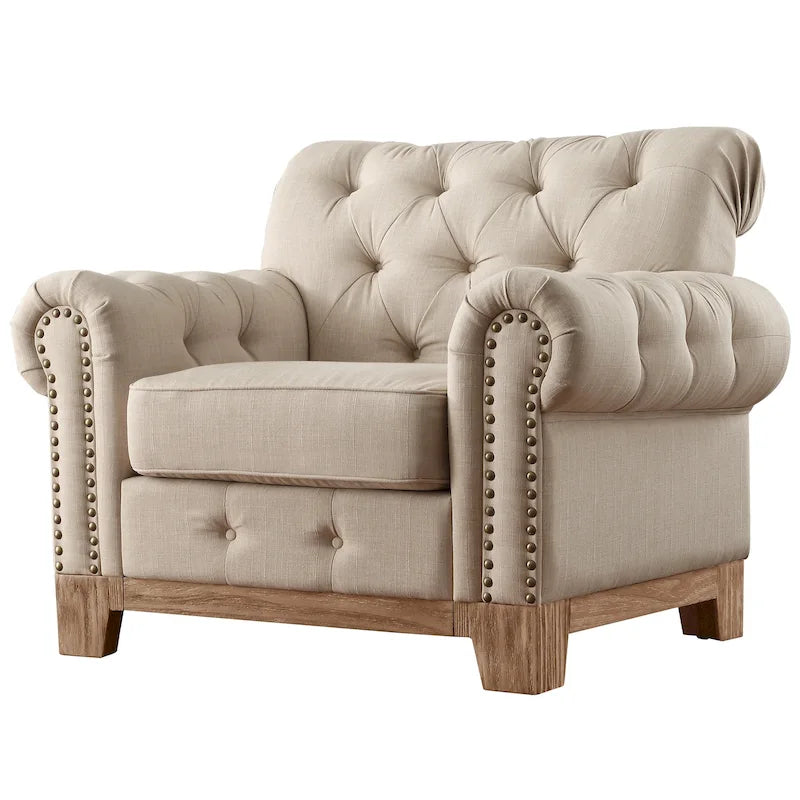 Fauteuil d'appoint Chesterfield à accoudoirs roulés touffetés et cloutés