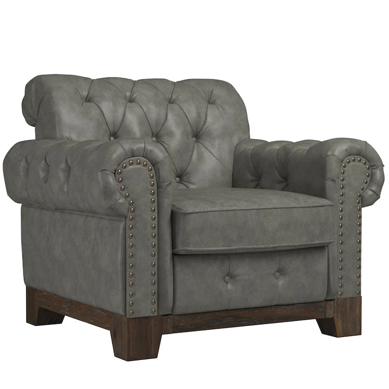 Fauteuil d'appoint Chesterfield à accoudoirs roulés touffetés et cloutés