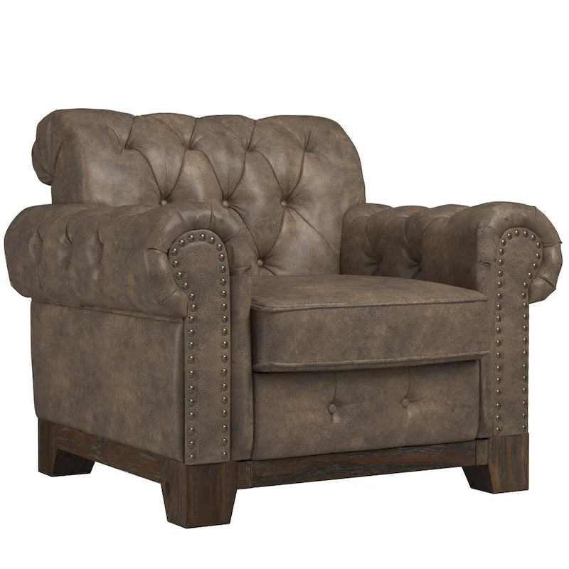Fauteuil d'appoint Chesterfield à accoudoirs roulés touffetés et cloutés