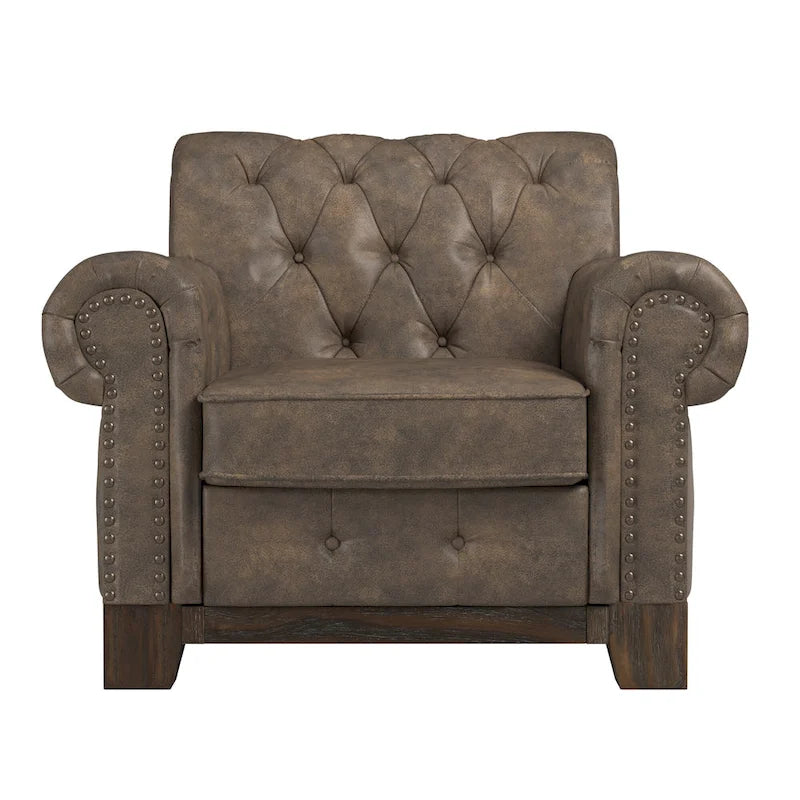 Fauteuil d'appoint Chesterfield à accoudoirs roulés touffetés et cloutés
