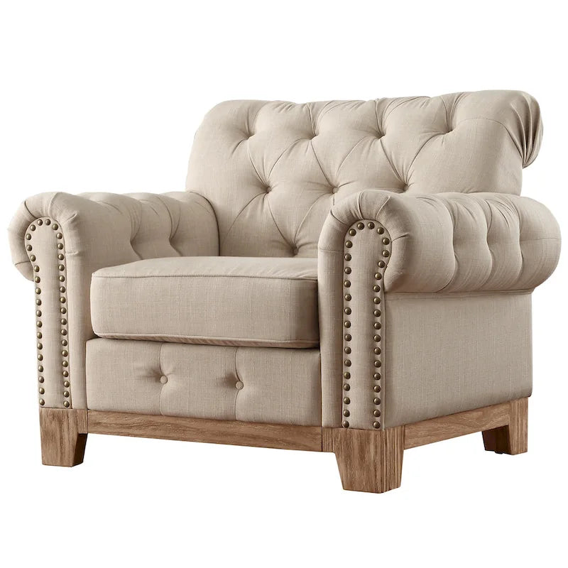 Fauteuil d'appoint Chesterfield à accoudoirs roulés touffetés et cloutés