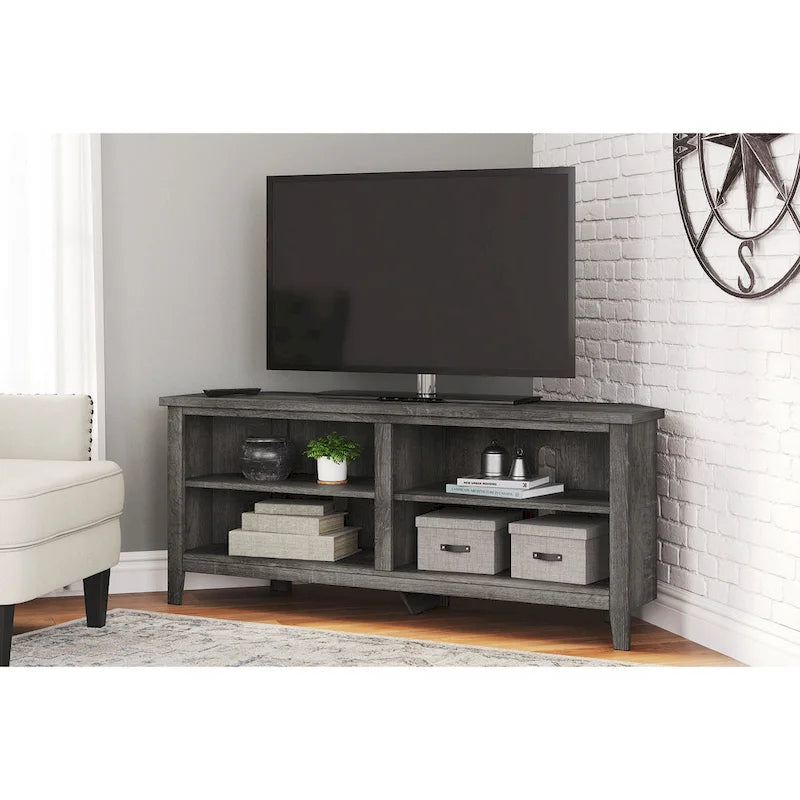 Meuble TV d'angle de style rustique avec finition chêne vieilli et gestion des câbles