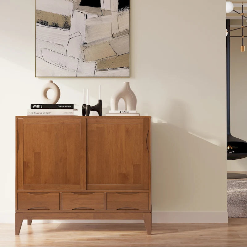Meuble de rangement Mid-Century Modern en bois massif de 122 cm avec portes coulissantes et tiroirs