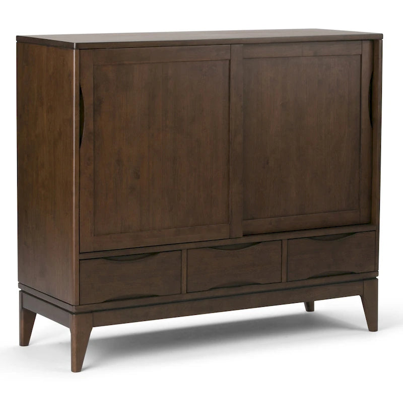 Meuble de rangement Mid-Century Modern en bois massif de 122 cm avec portes coulissantes et tiroirs