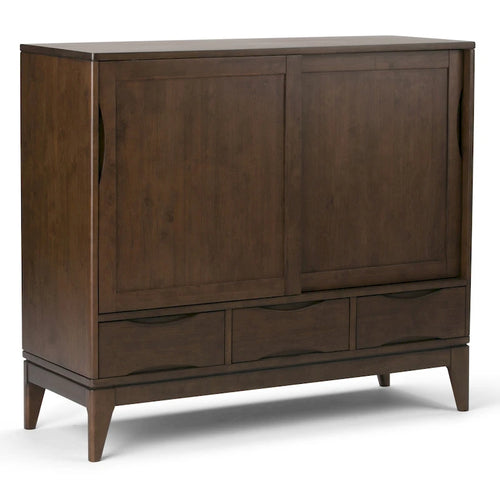 Meuble de rangement Mid-Century Modern en bois massif de 122 cm avec portes coulissantes et tiroirs