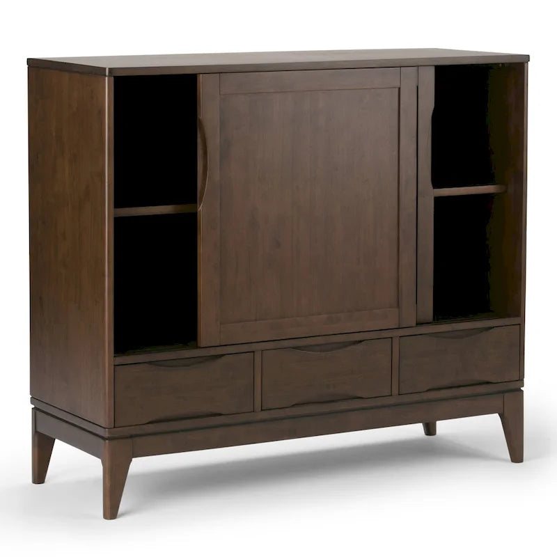 Meuble de rangement Mid-Century Modern en bois massif de 122 cm avec portes coulissantes et tiroirs