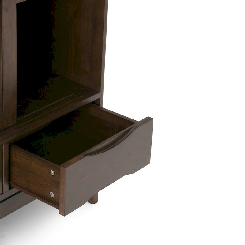 Meuble de rangement Mid-Century Modern en bois massif de 122 cm avec portes coulissantes et tiroirs