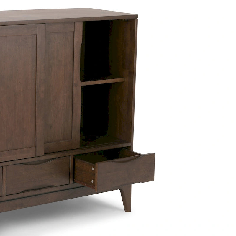 Meuble de rangement Mid-Century Modern en bois massif de 122 cm avec portes coulissantes et tiroirs