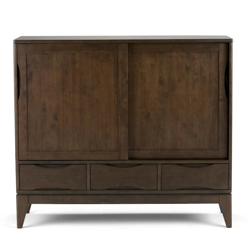 Meuble de rangement Mid-Century Modern en bois massif de 122 cm avec portes coulissantes et tiroirs