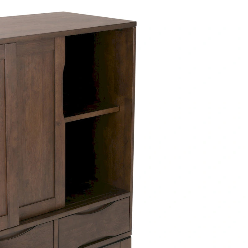 Meuble de rangement Mid-Century Modern en bois massif de 122 cm avec portes coulissantes et tiroirs