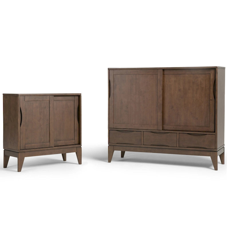 Meuble de rangement Mid-Century Modern en bois massif de 122 cm avec portes coulissantes et tiroirs