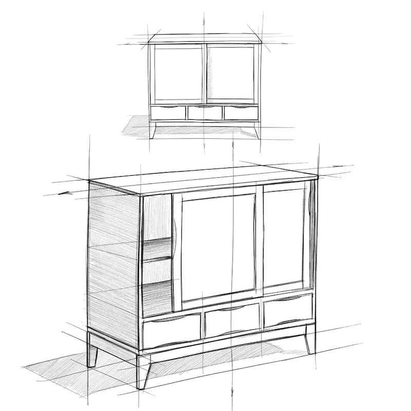 Meuble de rangement Mid-Century Modern en bois massif de 122 cm avec portes coulissantes et tiroirs