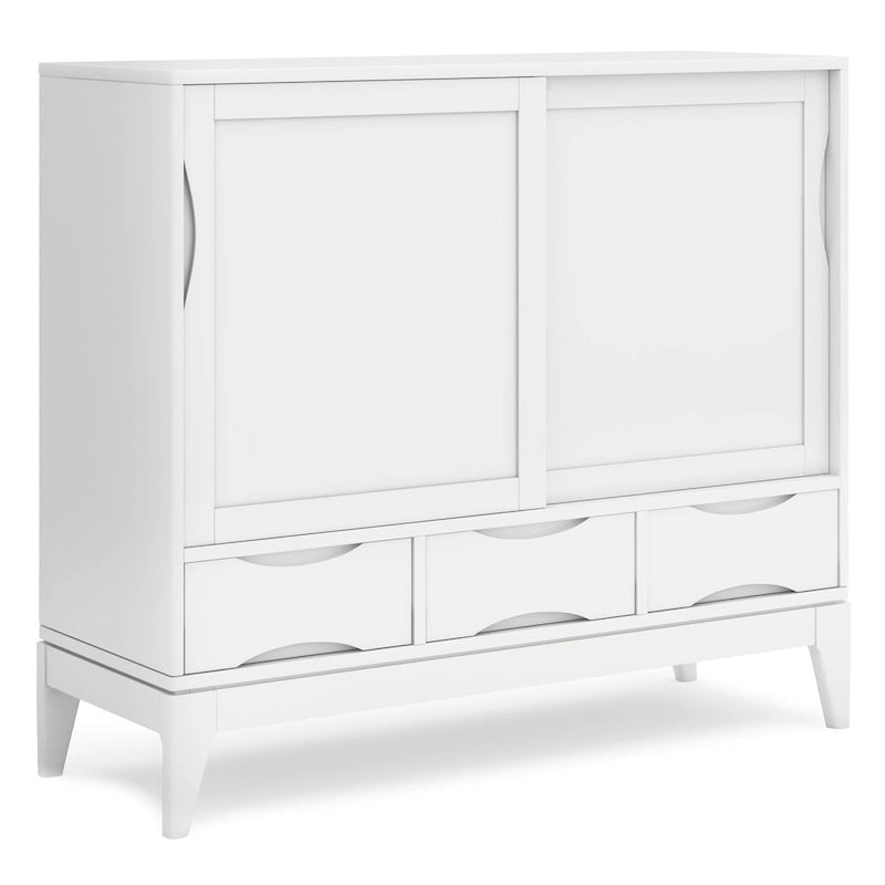 Meuble de rangement Mid-Century Modern en bois massif de 122 cm avec portes coulissantes et tiroirs