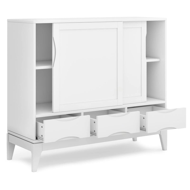 Meuble de rangement Mid-Century Modern en bois massif de 122 cm avec portes coulissantes et tiroirs