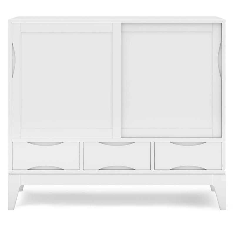Meuble de rangement Mid-Century Modern en bois massif de 122 cm avec portes coulissantes et tiroirs