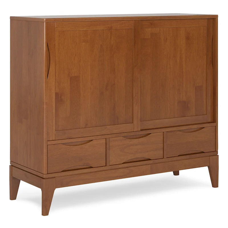 Meuble de rangement Mid-Century Modern en bois massif de 122 cm avec portes coulissantes et tiroirs