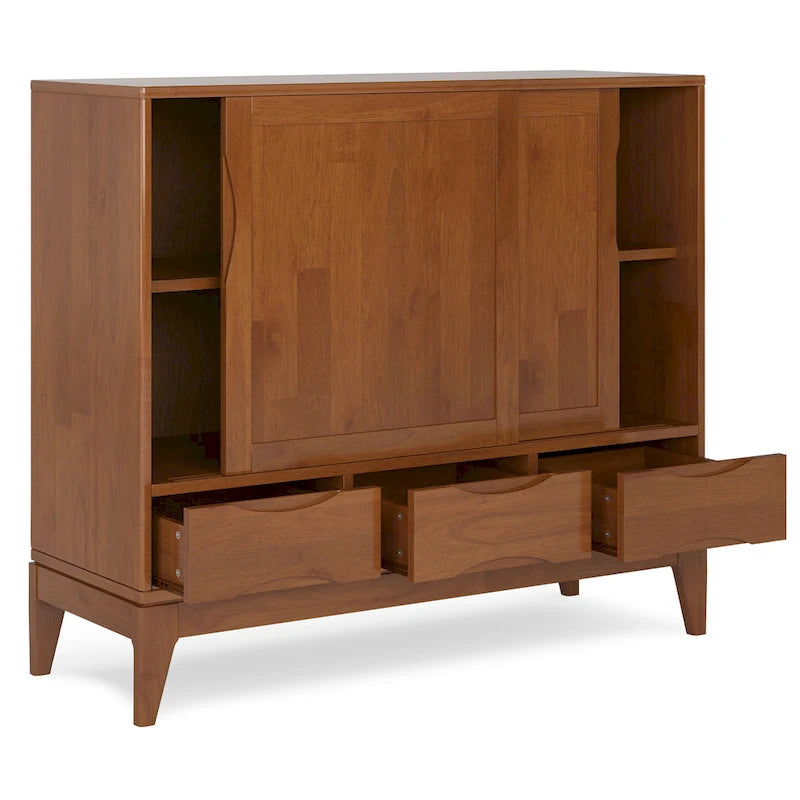 Meuble de rangement Mid-Century Modern en bois massif de 122 cm avec portes coulissantes et tiroirs