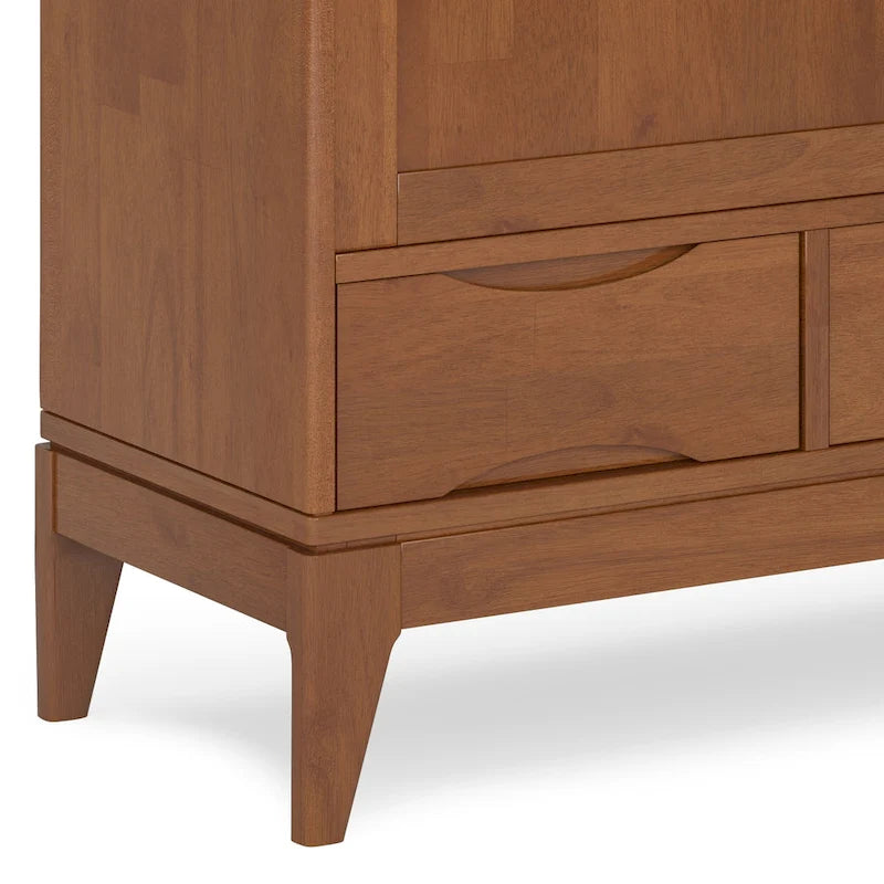 Meuble de rangement Mid-Century Modern en bois massif de 122 cm avec portes coulissantes et tiroirs