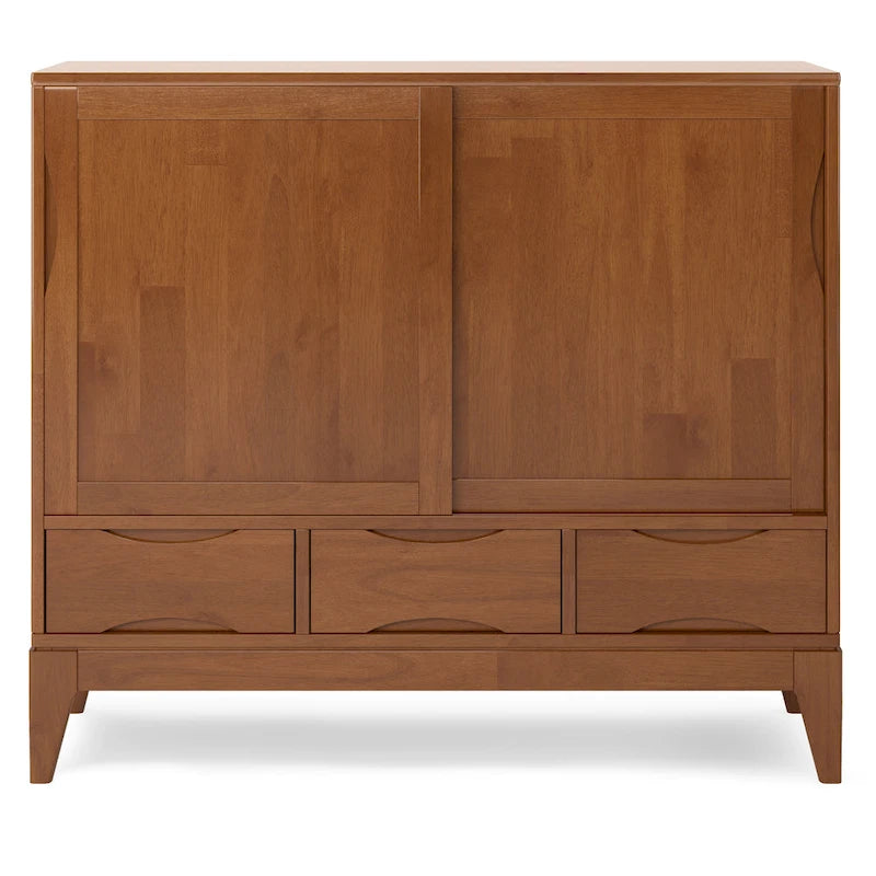 Meuble de rangement Mid-Century Modern en bois massif de 122 cm avec portes coulissantes et tiroirs