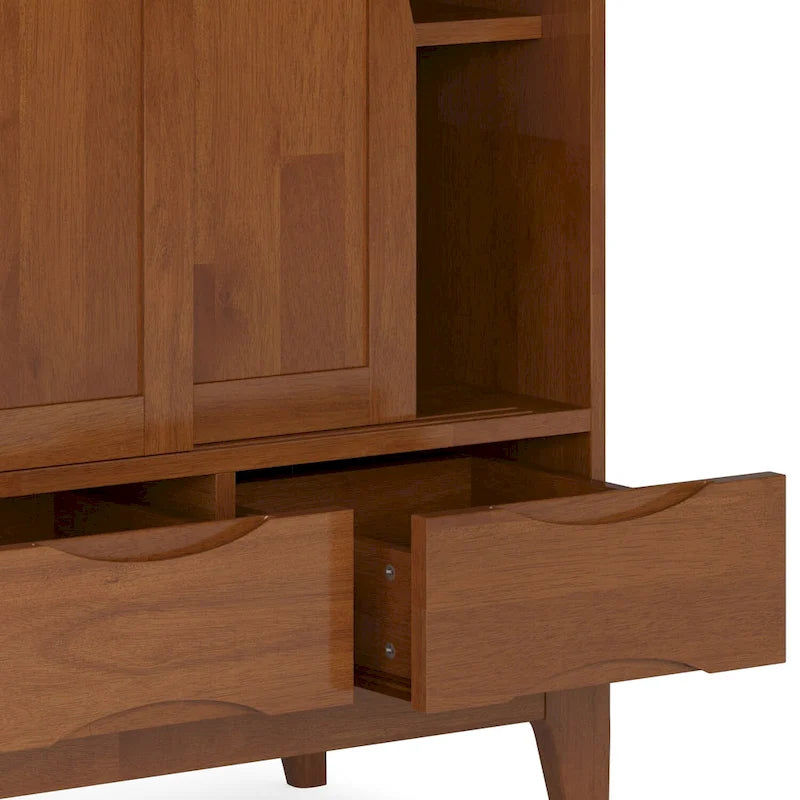 Meuble de rangement Mid-Century Modern en bois massif de 122 cm avec portes coulissantes et tiroirs