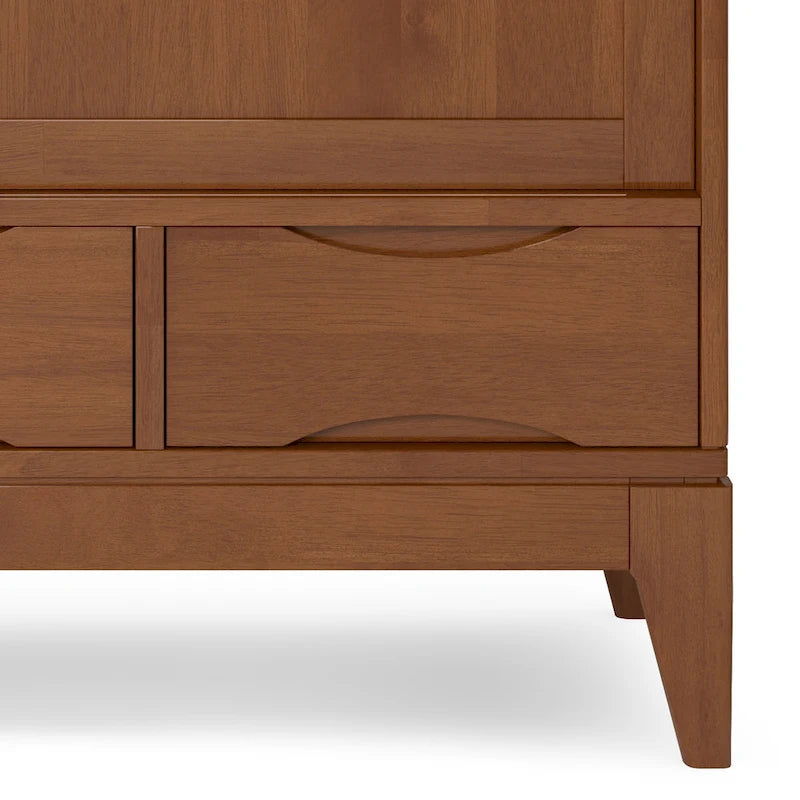 Meuble de rangement Mid-Century Modern en bois massif de 122 cm avec portes coulissantes et tiroirs