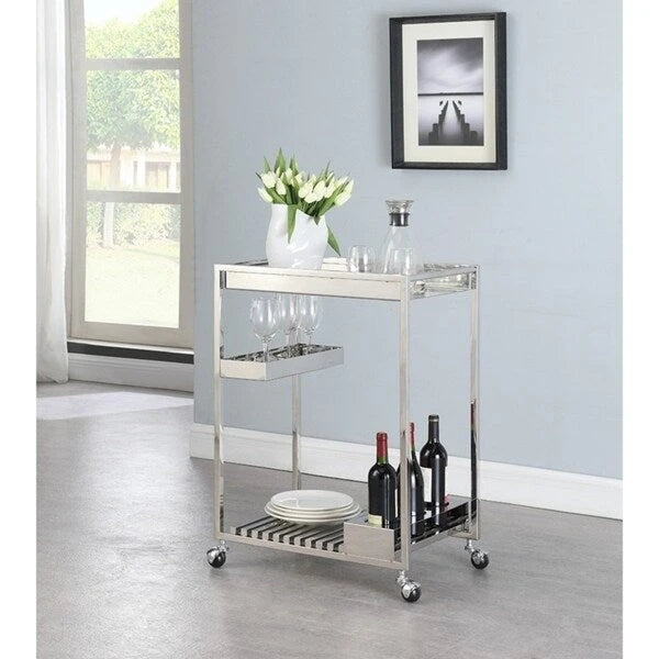 Chariot de service et desserte de cuisine contemporains en acier inoxydable poli