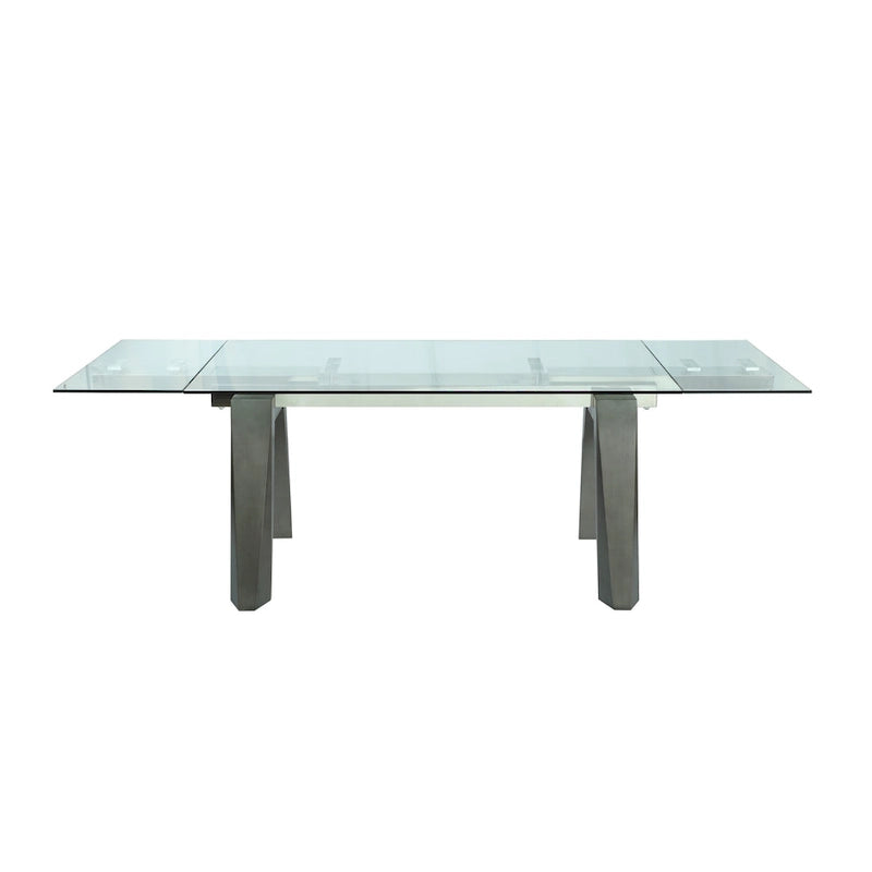 Table à manger extensible en verre trempé avec piètement chevalet en bois massif