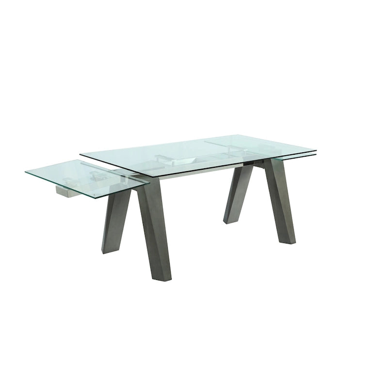 Table à manger extensible en verre trempé avec piètement chevalet en bois massif