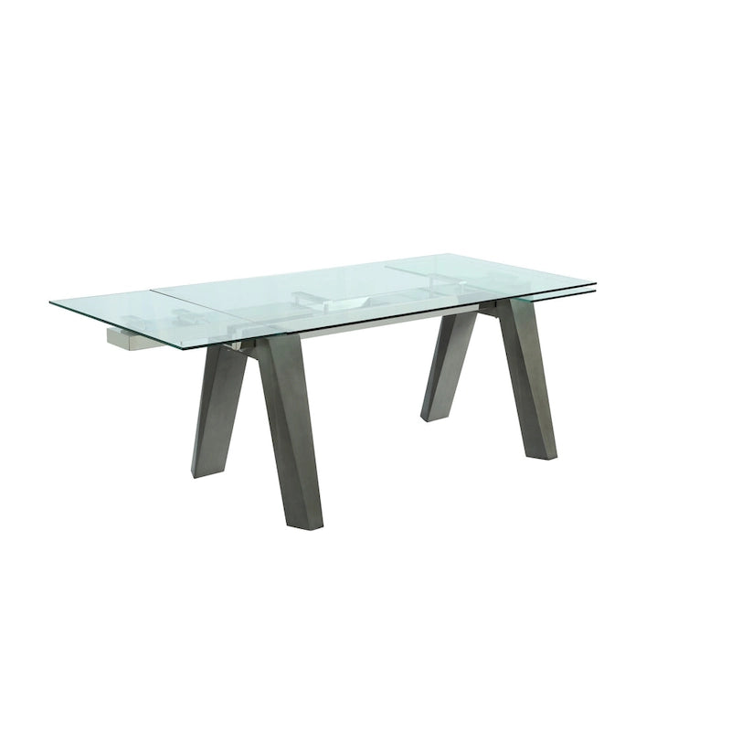 Table à manger extensible en verre trempé avec piètement chevalet en bois massif