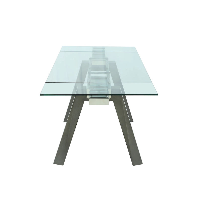 Table à manger extensible en verre trempé avec piètement chevalet en bois massif