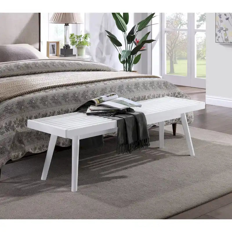 Banc en lattes de bois massif, style Ferme, avec pieds effilés - Blanc, 56 po