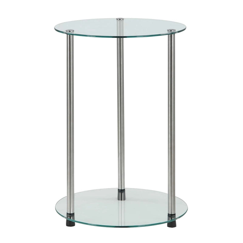 Table d'appoint ronde à deux niveaux en verre trempé avec pieds en acier inoxydable
