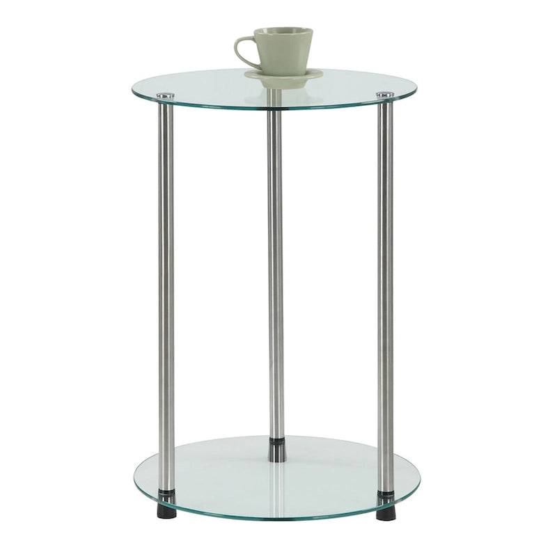 Table d'appoint ronde à deux niveaux en verre trempé avec pieds en acier inoxydable