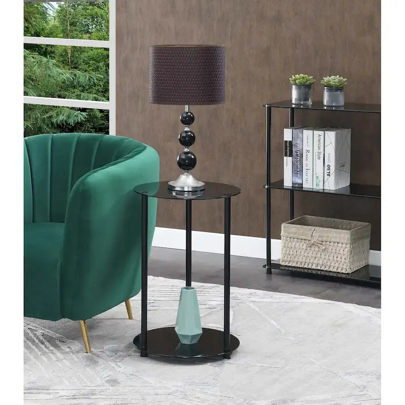 Table d'appoint ronde à deux niveaux en verre trempé avec pieds en acier inoxydable
