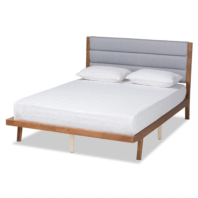Lit plateforme en bois capitonné tissu de transition – Gris clair