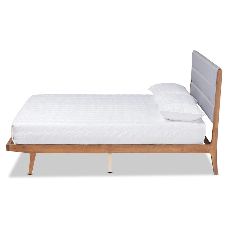 Lit plateforme en bois capitonné tissu de transition – Gris clair