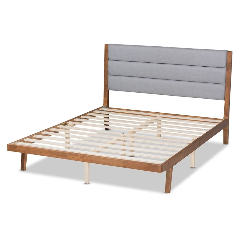 Lit plateforme en bois capitonné tissu de transition – Gris clair