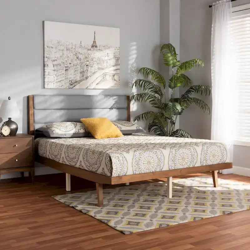 Lit plateforme en bois capitonné tissu de transition – Gris clair