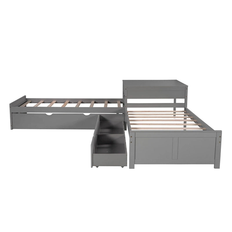 Lit superposé en forme de L avec lit gigogne, tiroirs et bureau intégré – Jumeau, Espresso