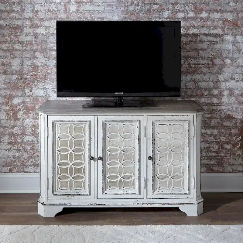 Console de hall blanc antique avec miroir, étagères réglables et gestion des câbles