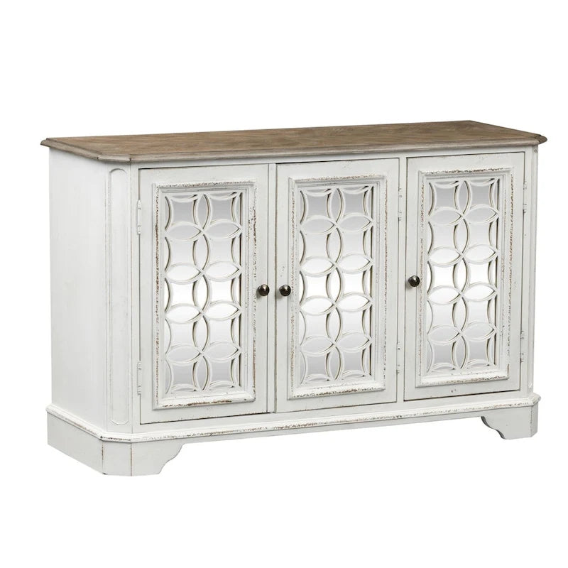 Console de hall blanc antique avec miroir, étagères réglables et gestion des câbles