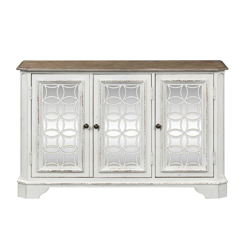 Console de hall blanc antique avec miroir, étagères réglables et gestion des câbles