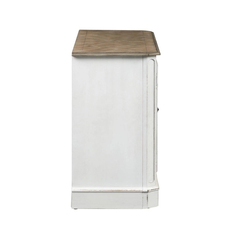 Console de hall blanc antique avec miroir, étagères réglables et gestion des câbles