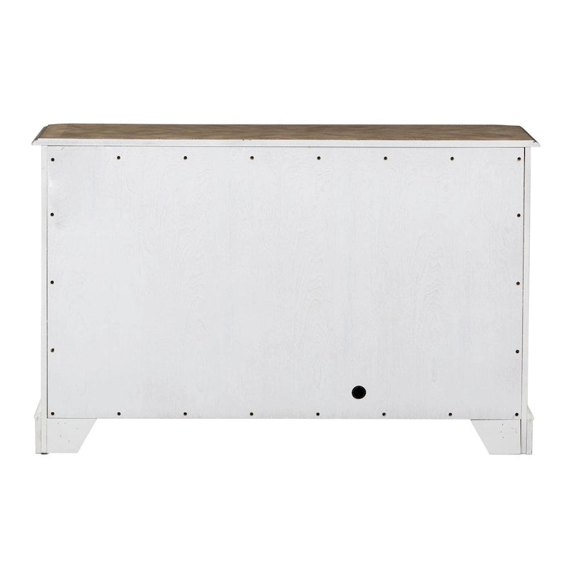 Console de hall blanc antique avec miroir, étagères réglables et gestion des câbles