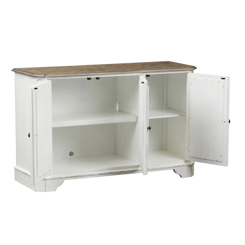 Console de hall blanc antique avec miroir, étagères réglables et gestion des câbles